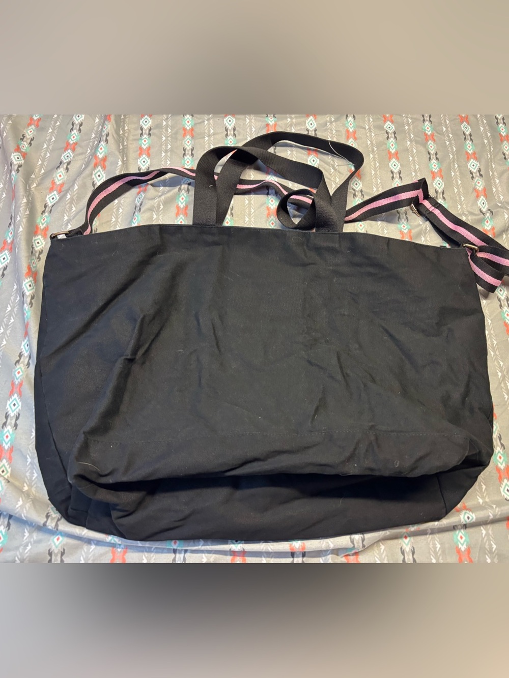 🌀Victoria's Secret XL Black Tote with Pink and Peach Stripe - Picture 2 of 2